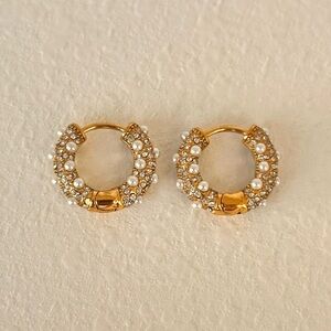 (A.4) Mini 18k plated Gold CZ and Pearl Hoop Earrings